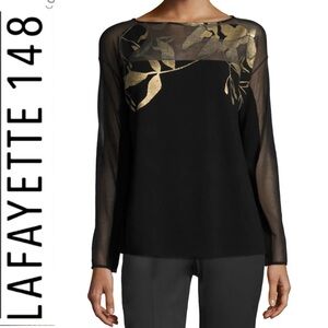 Lafayette 148 New York Semisheer Bateau-Neck Jacquard Lace Sweater, Black/Gold